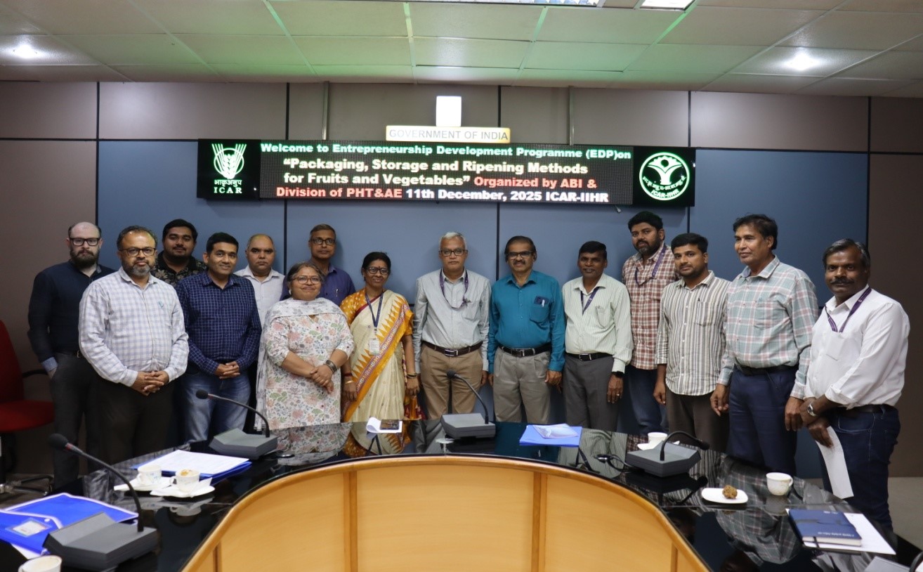 The Agri-Business Incubation (ABI) Centre of ICAR–IIHR organized a one day Entrepreneurship Development Programme (EDP) on “Packaging, Storage, and Ripening Methods for Fruits and Vegetables” on 11 December 2025