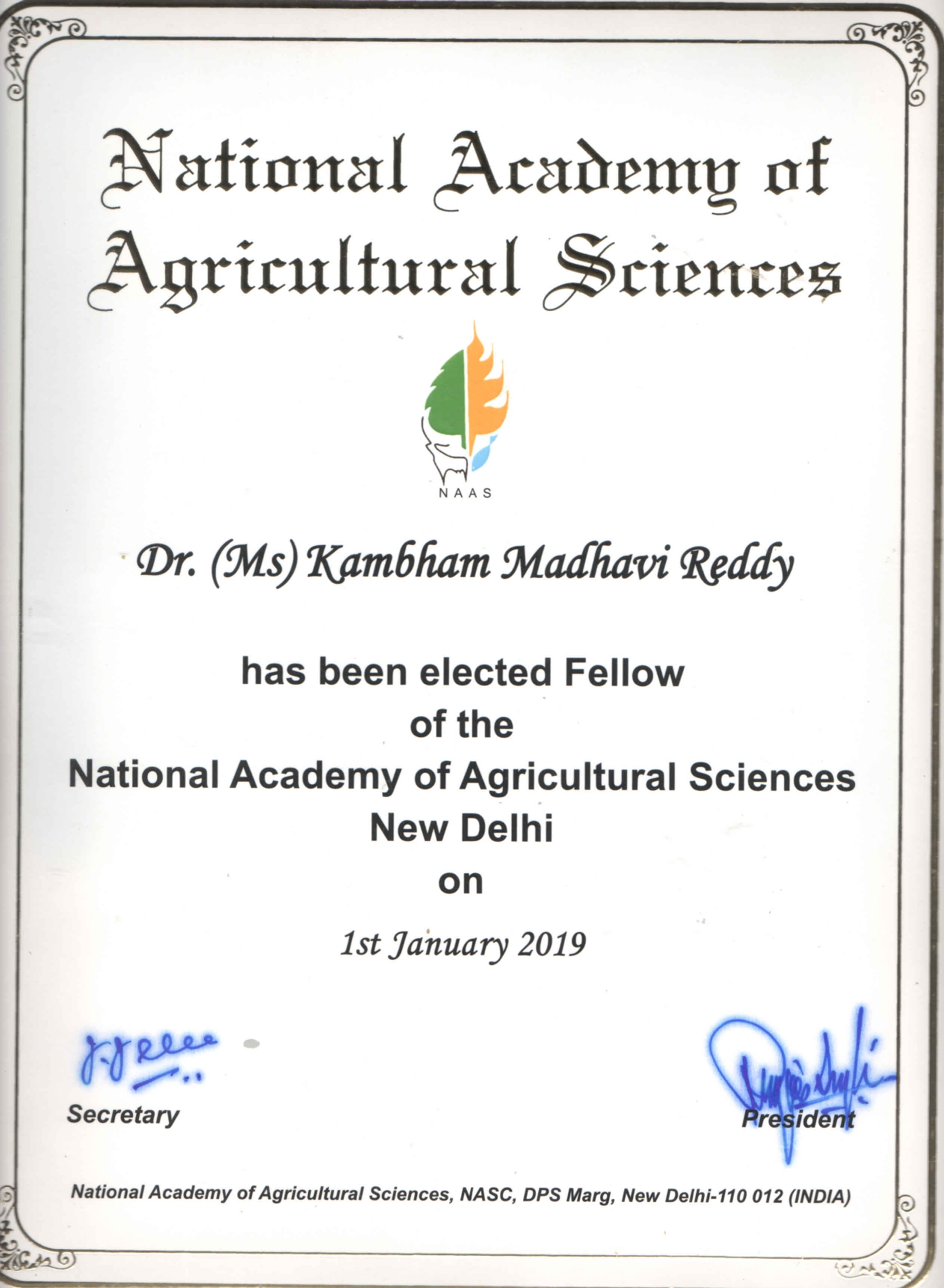 Dr. K. Madhavi Reddy has been elected Fellow of the National Academy of Agricultural Sciences, New Delhi 