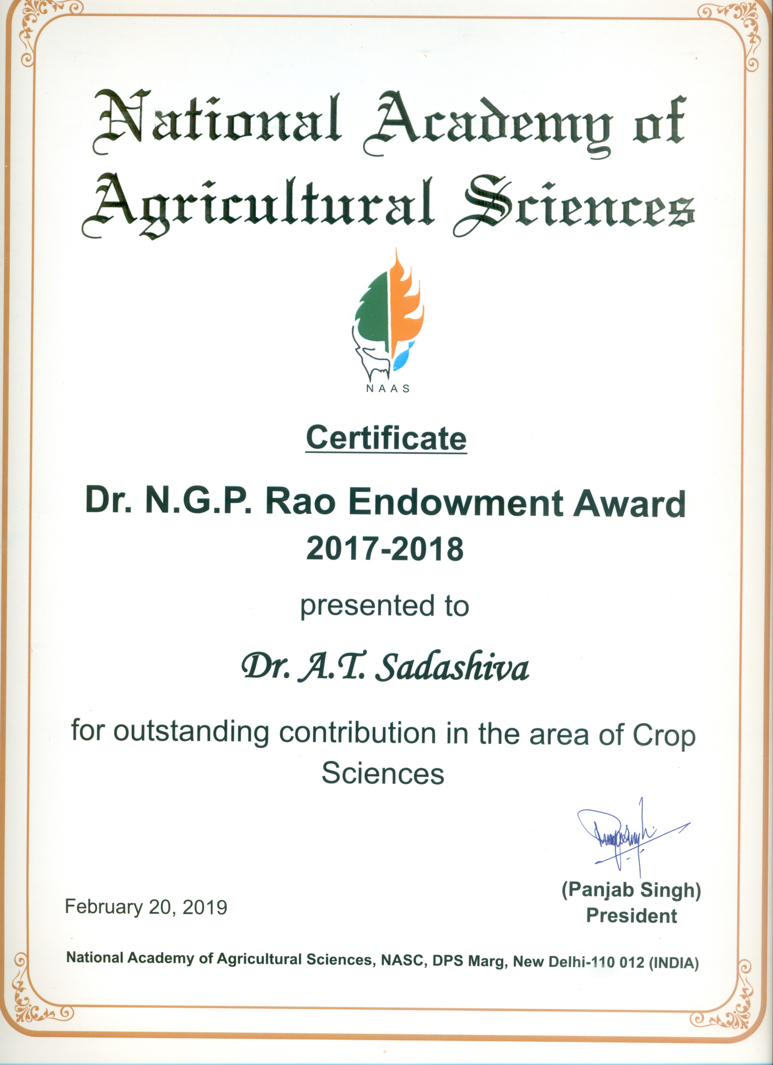 Dr. A.T.Sadashiva was conferred with NGP Rao Endoment Award