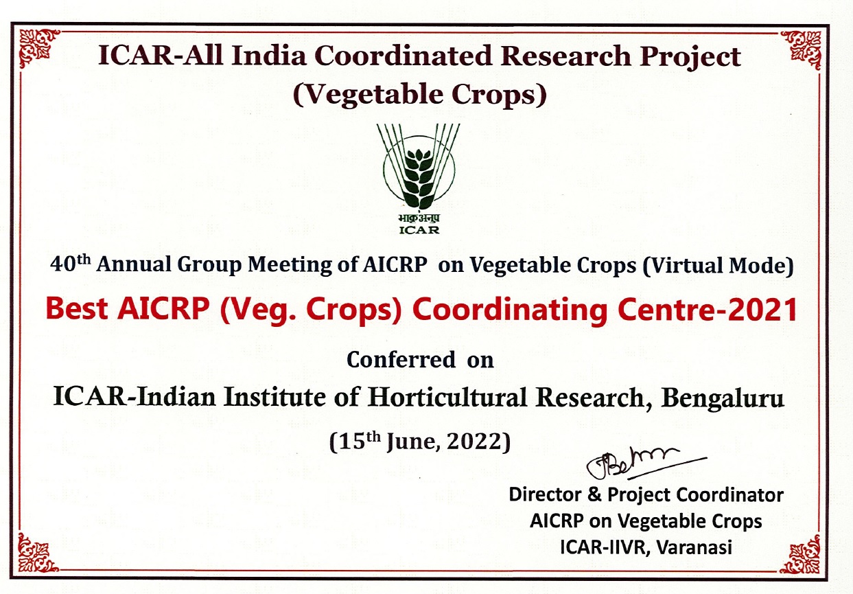 Best AICRP on Vegetable Crops Coordinating Centre Award-2021