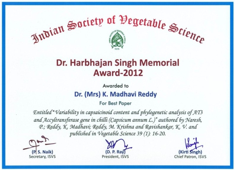 Dr.Harbhajan Singh Memorial Award 2012