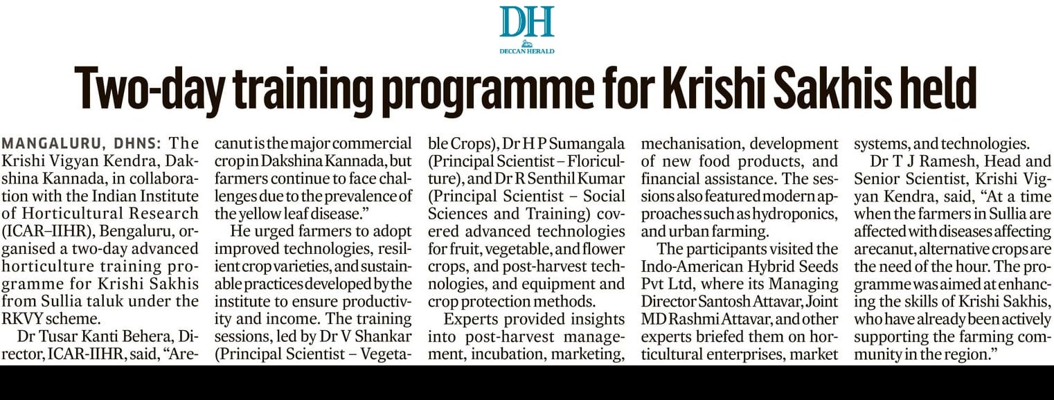 ICAR-IIHR conducted training for farm women on “Advanced Horticulture Technologies” under RKVY on 15-16 September 2025