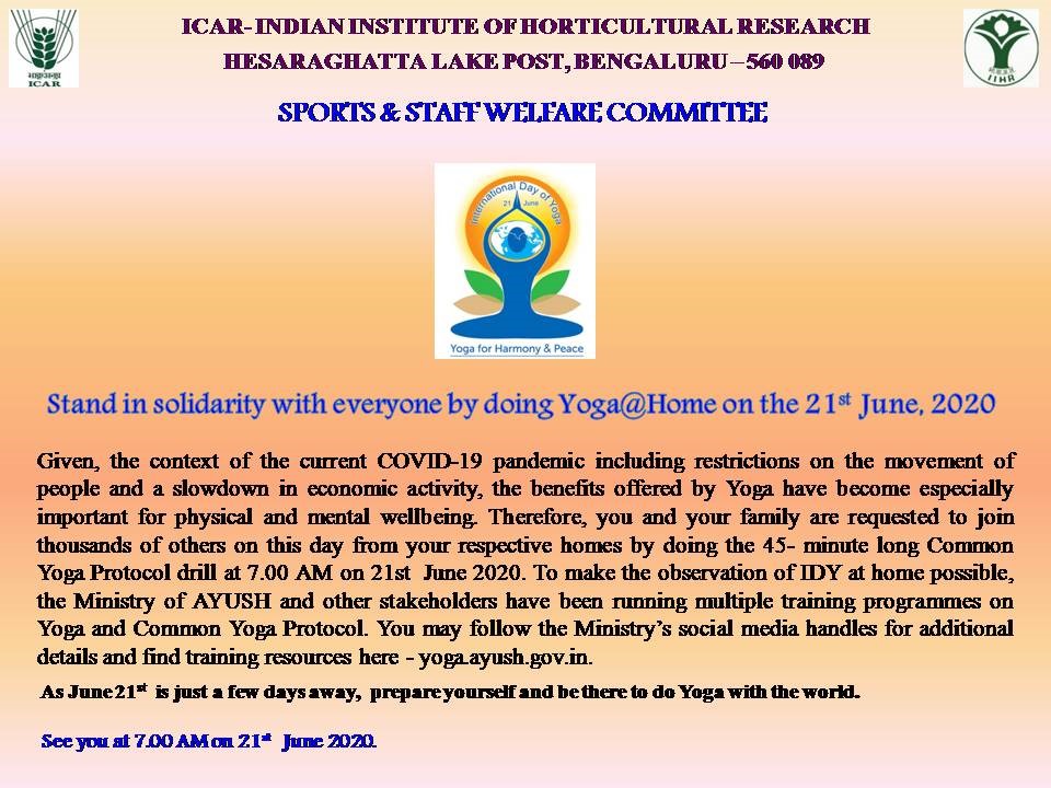 International Day of Yoga celebrated at ICAR-IIHR on 21st June 2020: Yoga@Home: Yoga with Family
